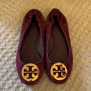 Tory Burch Suede Flats with Gold Logo, dark cranberry color